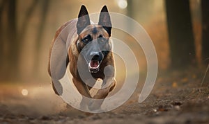 photo of Belgian Malinois in its natural habitat as a working dog captured in action running at full speed with its mouth open and