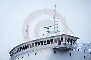 Photo of big cargo ship bridge with windows and other details