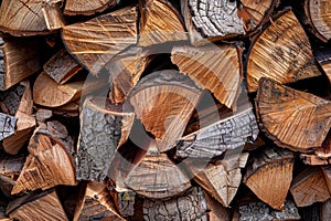 Photo of Big stack of chopped firewood outdoors. Background texture for backdrops or mapping
