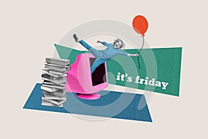 Photo billboard collage funky kid flying air balloon holding his gift friday party after elearn lecture school  photo