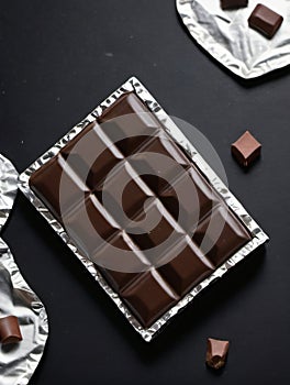 Photo Of Bitten Delicious Dark Chocolate Sweet Candy Bar Food Product Packaging With Silver Foil Realistic Mockup T. Generative AI