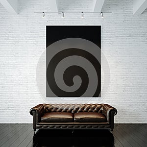 Photo of black empty canvas on the painted brick