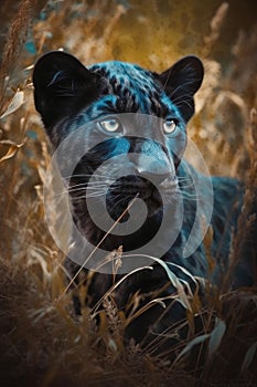 A photo of a black leopard cub in the grass generative AI