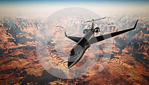 Photo Black Matte Luxury Generic Design Private Jet Flying in Sky under the Earth Surface. Grand Canyon Background