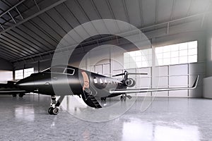 Photo of Black Matte Luxury Generic Design Private Jet parking in hangar airport. Concrete floor. Business Travel