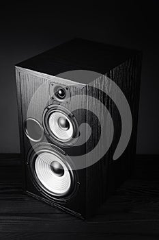 Photo of black music audio speaker. Music concept.