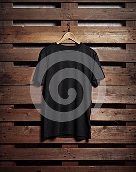 Photo of black tshirt holding on wood background photo