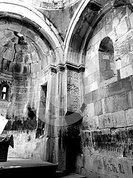 Photo in black and white of ruins of ancient Armenian church located at Dilijan