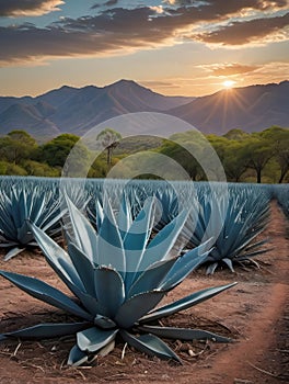 Photo Of Blue Agave Plantation In The Wilderness. Generative AI