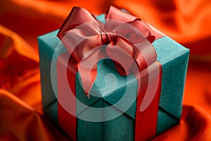 A photo of a blue gift box with a red bow, neatly wrapped and ready for gifting, Vibrant gift box with a big red bow, AI Generated