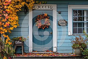 A photo of a blue house featuring a wreath hung on the front door, An inviting exterior of a home decorated for Thanksgiving, with