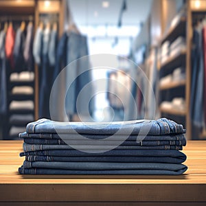 Photo Blue jeans arranged on table, shopping mall blur background