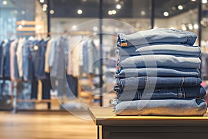 Photo Blue jeans arranged on table, shopping mall blur background