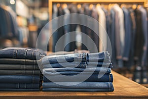 Photo Blue jeans arranged on table, shopping mall blur background