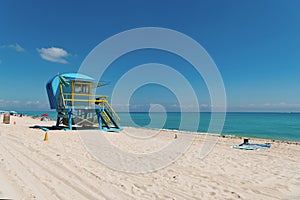 photo of blue lifeguard at miami beach, banner. lifeguard at miami beach.