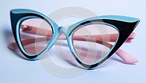 A photo of blue and pink retro cat eye sunglasses with black frames on a white background