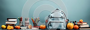 A photo of a blue school bag with books and school accessories on a grey background perfect for a variety of uses such as back to