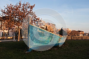 Photo of a boat on the ground.