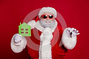 Photo of body positive santa sell flat wear hat eyewear coat isolated on red background