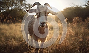 photo of Boer South African breed of goat standing on savannah. Generative AI