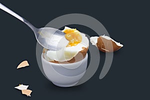 A photo of boiled smash broken hen beige egg and a spoon with yolk on dark blue. Egg`s liquid yolk photo, bright contras