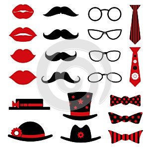 Photo booth birthday and party vector set with lips, mustaches, glasses, hats bow tie