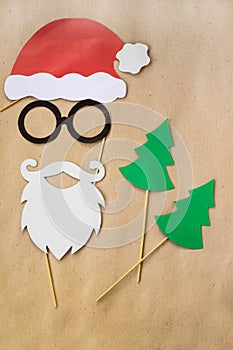 Photo booth colorful props for christmas party - mustache, santa claus, fir tree, glasses, hat