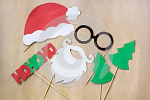 Photo booth colorful props for christmas party - mustache, santa claus, fir tree, glasses, hat