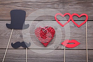 Photo booth colorful props for party with heart on grey background