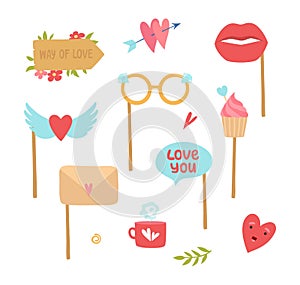 Photo booth elements. Love decorations, heart lips cake stickers for planners diary vector set