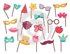 Photo booth props. Carnival accessories, photobooth mask costume elements. Color birthday wedding party vintage exact