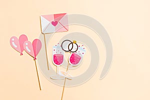 Photo booth props isolated on pink background. Top view. Funny invitation