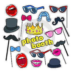 Photo Booth Props with Lips, Hat and Eyeglasses. Party Decoration Badges, Patches and Stickers