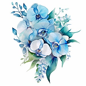 Teal Blue Orchid Watercolor Flower Bouquet Clipart - Naturalistic Floral Arrangement photo