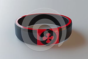 A photo of a bracelet featuring a cross charm, designed with a combination of black and red colors, A 3D render of a food allergy