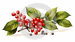 Photo of a branch with vibrant red berries and lush green leaves