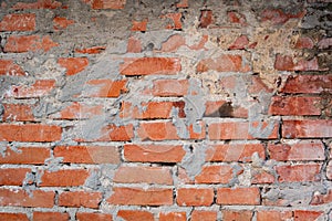 Photo of a brick wall, with an influx of cement mortar and uneven brickwork. Photos for advertising and use in illustration.