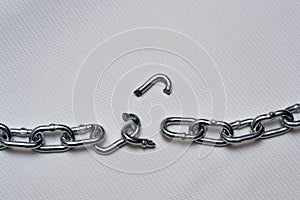 Photo of broken chain on white background