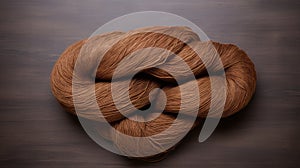 Handcrafted Beauty: Brown Skein On Wooden Background With Luminous Sfumato Style photo