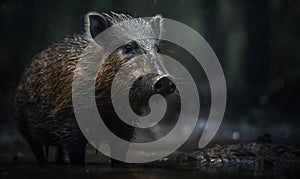 photo of bushpig standing in muddy water in a forest. Generative AI