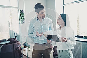 Photo of business people have meeting discussing contract in clipboard modern office