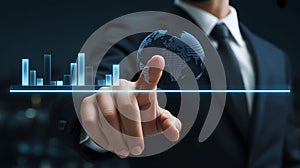 Businessman touching a virtual interface with business analytics and global connection data technology representing the future of