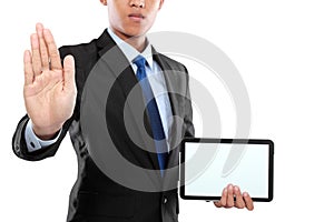 Photo of a businessman showing blank tablet PC monitor