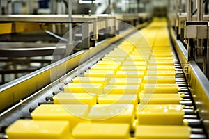 Photo of a busy conveyor belt filled with yellow containers. Industrial cheese production plant. Modern technologies. Production