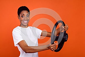 Photo of butch hair stylish trendy androgyne lady driver steering wheel fast speed isolated vibrant color background