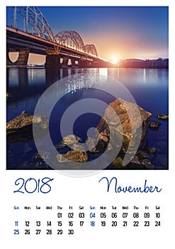 Photo calendar with minimalist cityscape and bridge 2018. November