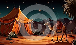 Photo of a camel in the desert with a tent in the background