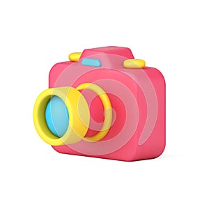 Photo camera 3d icon. Volumetric red gadget with lens and buttons