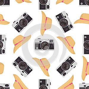 Photo camera background. Vector colorful seamless pattern with cute retro cameras.