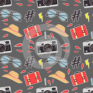 Photo camera background. Vector colorful seamless pattern with cute retro cameras.